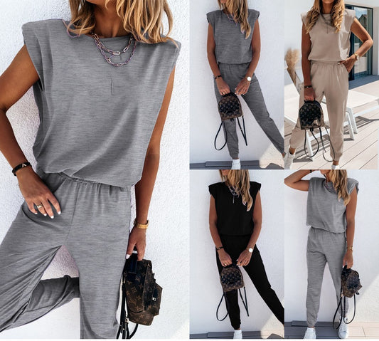 Ladies Sleeveless Solid Colour Shoulder Pad two-piece Casual Track-Suit