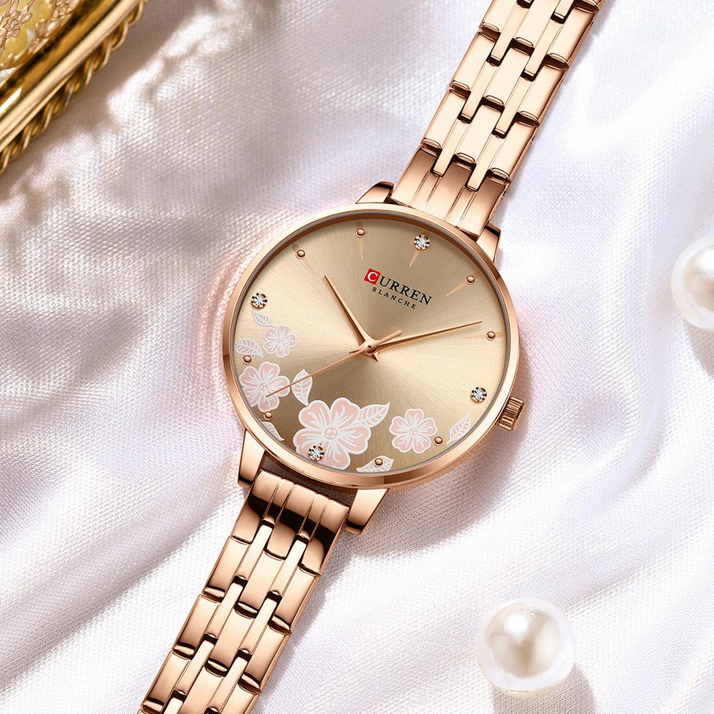 Quartz Watch Elegant Steel Belt Flower - Ladies