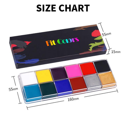 Fit Colours12-colour face paint palette that is water-soluble and suitable for body painting.