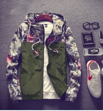 Men Light Floral Print Hooded Jacket Summer Trend Flower Coat