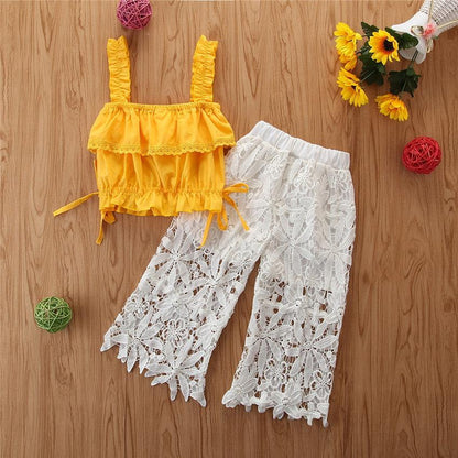 Girls' Yellow Camisole & White Lace Trouser Outfit Set