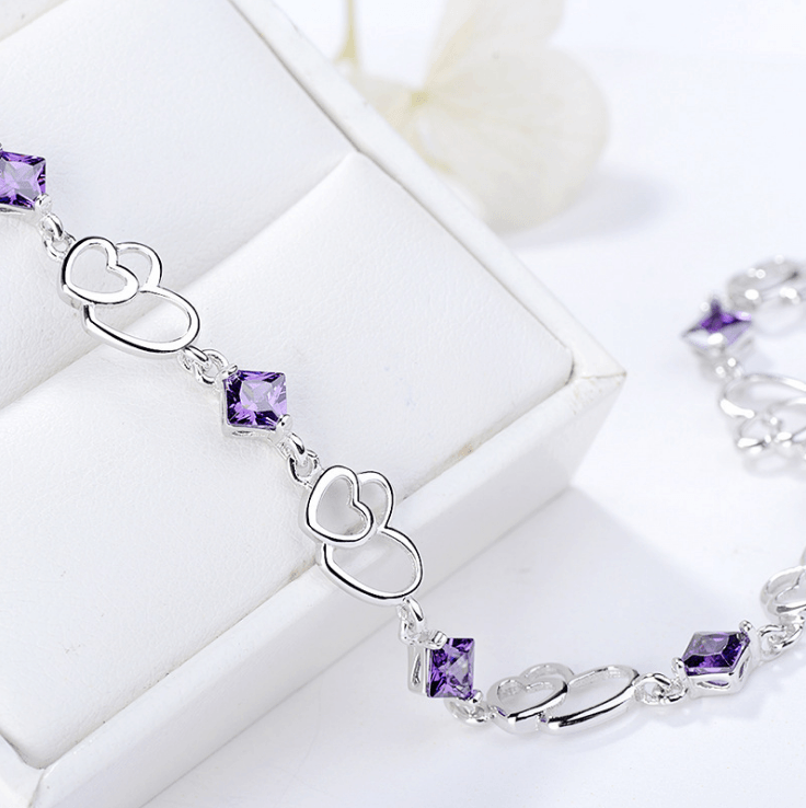 Amethyst Bracelet Silver Bracelet Double Heart