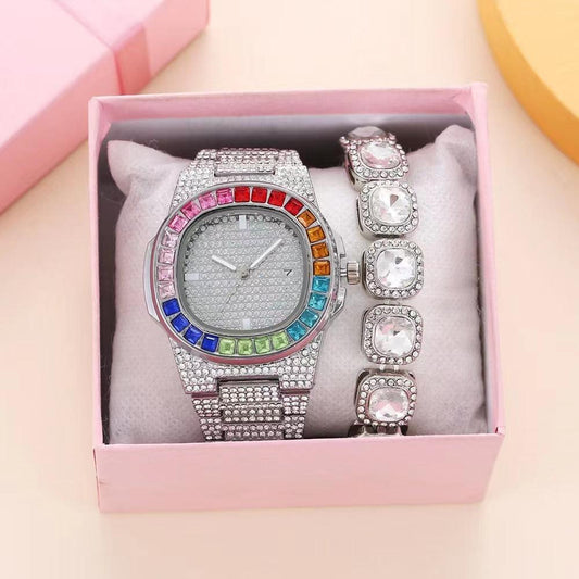 Quartz Wrist Watch Beautiful Full Diamond Inlaid Steel Square Belt - Ladies