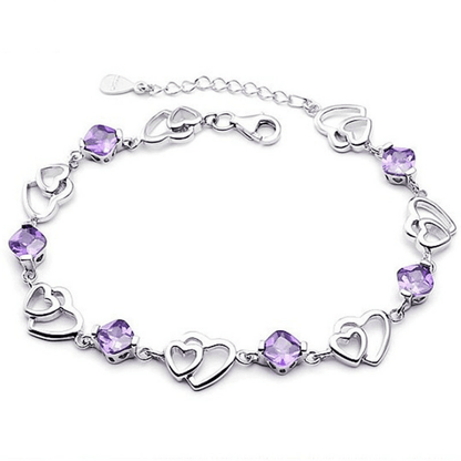 Amethyst Bracelet Silver Bracelet Double Heart