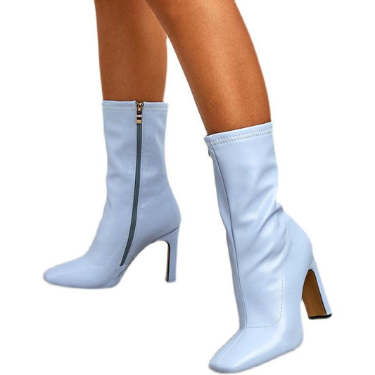 Ladies Square Toe High Heel Side Zip Short Boots-Plus Size