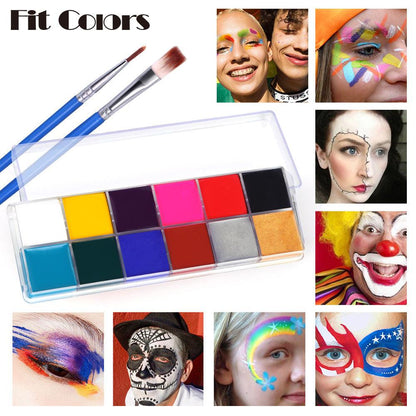 Fit Colours12-colour face paint palette that is water-soluble and suitable for body painting.