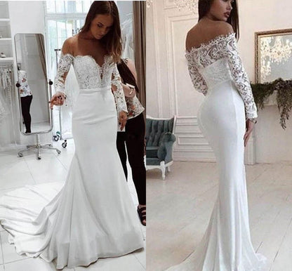 Stunning Backless A-line With Trail One Shoulder Lace Long Sleeve Mopping Wedding- Evening Dress