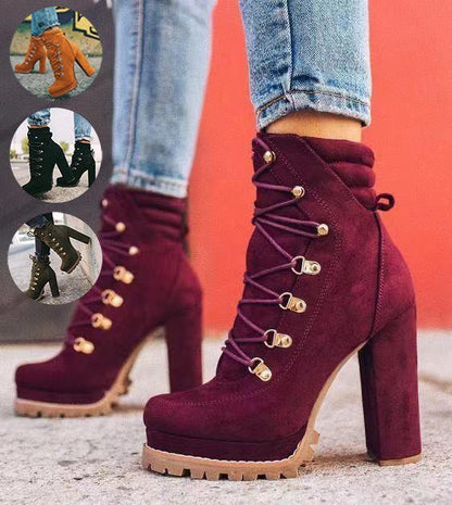 Ladies Chunky Round Toe Lace Up High Heel Mid Calf Boots