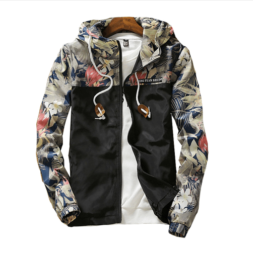 Men Light Floral Print Hooded Jacket Summer Trend Flower Coat