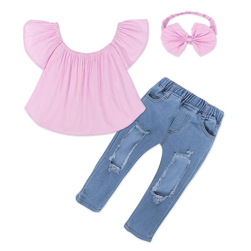 Girls Cute Tube Top Denim & Bow Outfit Set