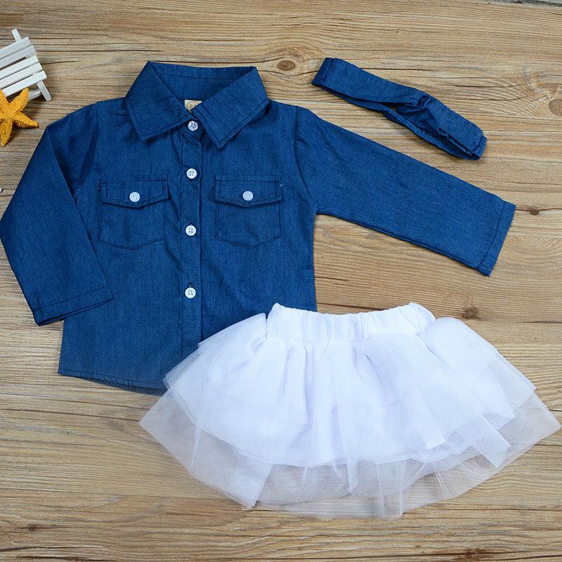 Girls Denim Jacket  Shirt Mesh Skirt & Headband 3 Pc Suit 1-3Yrs