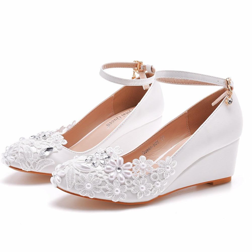 Bridal Wedge Shoe With White Round Toe Flower Detailed With Strap