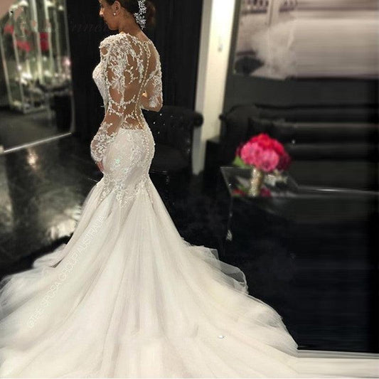 Beautiful Fitted Tulle Lace V- Neck Style Lace Tattoo Wedding Dress