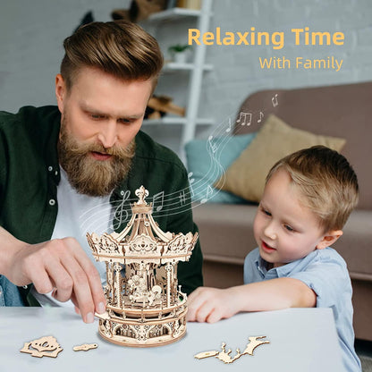 Robotime Rokr 3D Wooden Puzzles Music Box Building Kit Rotating - Romantic Carousel