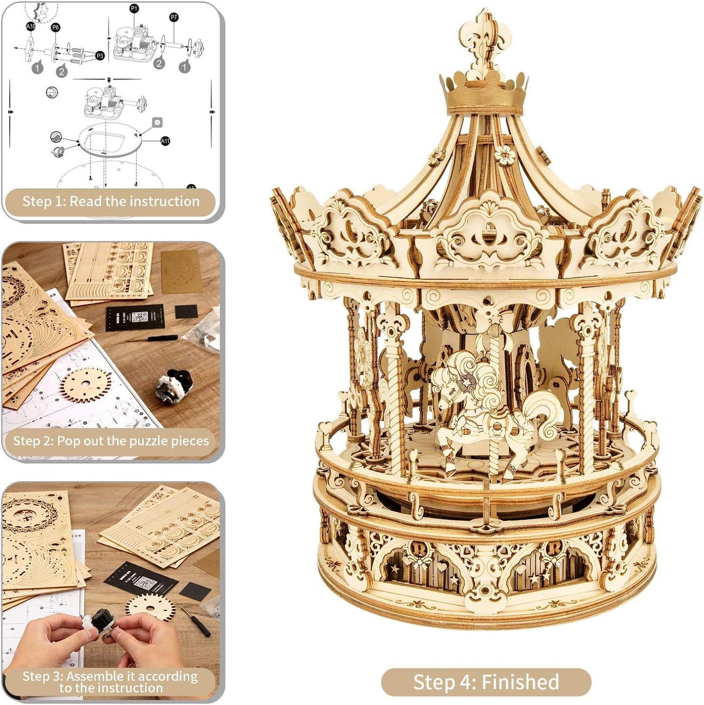 Robotime Rokr 3D Wooden Puzzles Music Box Building Kit Rotating - Romantic Carousel