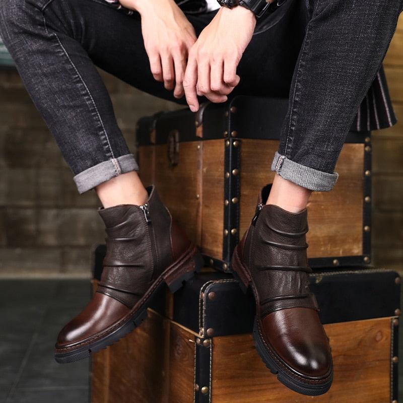 Mens Retro Wrinkle Genuine Leather Boots