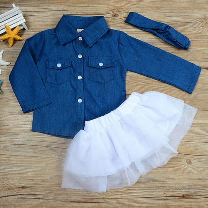 Girls Denim Jacket  Shirt Mesh Skirt & Headband 3 Pc Suit 1-3Yrs