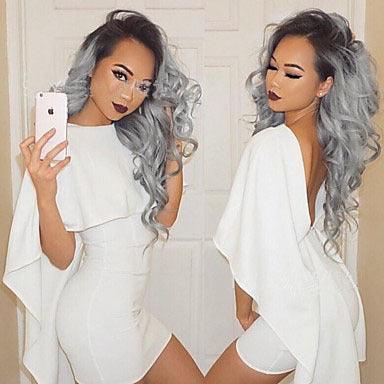 Head Coverings Ladies Two-tone synthetic lace wig in grey and black Ombre with long, wavy, curly hair.