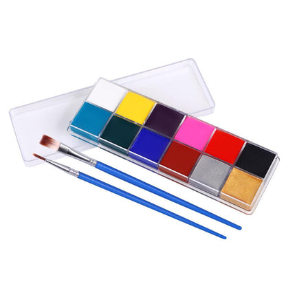 Fit Colours12-colour face paint palette that is water-soluble and suitable for body painting.