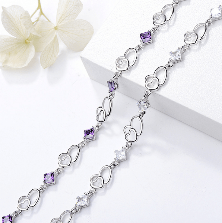 Amethyst Bracelet Silver Bracelet Double Heart