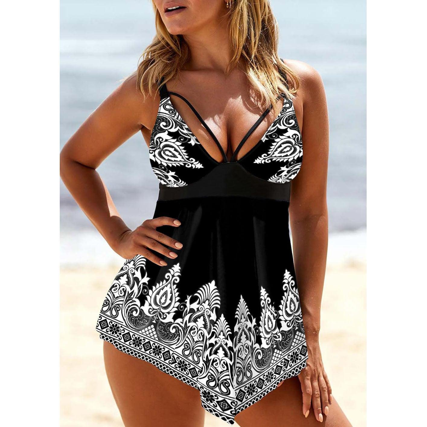 Women's Printed Strap Deep V Plus Size Skirt Swimsuit