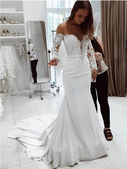 Stunning Backless A-line With Trail One Shoulder Lace Long Sleeve Mopping Wedding- Evening Dress