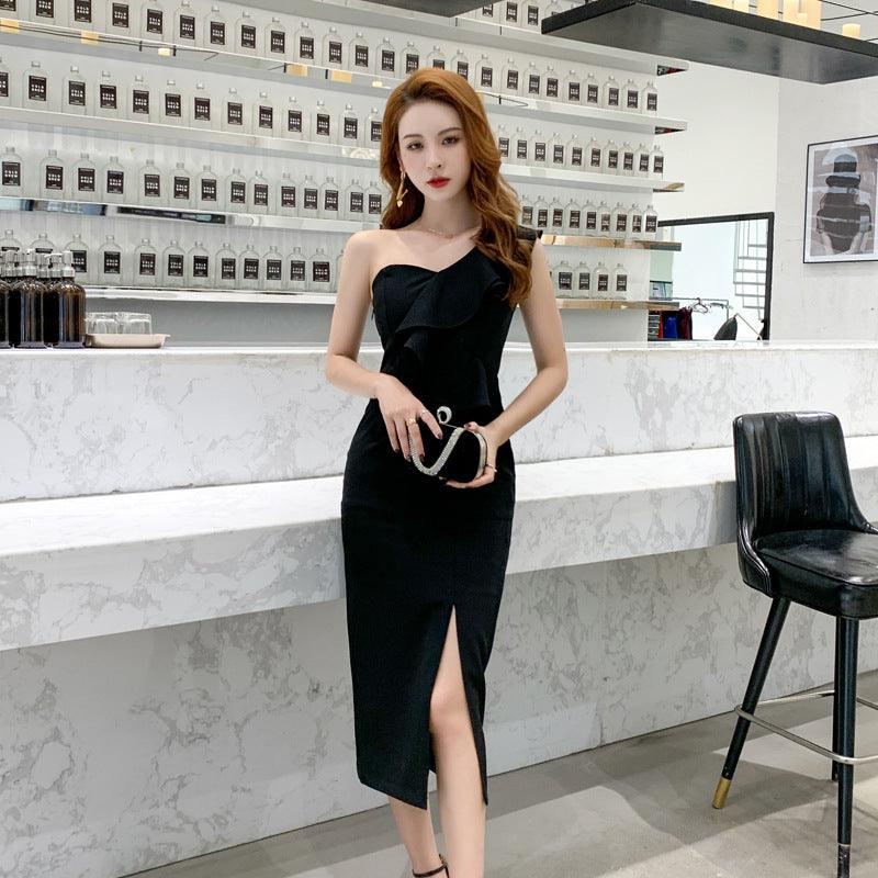 Ladies Slim Fit Slimming Oblique Shoulder Ruffles Formal Dress