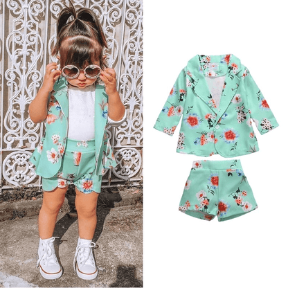 Girls Western Style Flower Suit Jacket & Shorts Outfit Sets