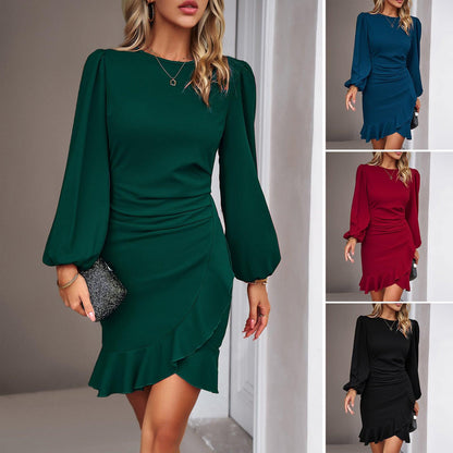 Ladies Puff Long Sleeve Graceful Slim Hip-Covering Dress