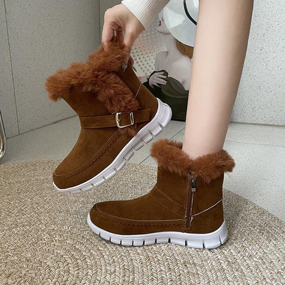 Ladies Warm Plush Ankle Snow Boots With Buckle Design