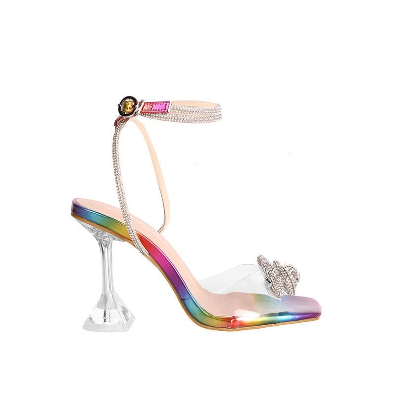 Ladies Transparent Rhinestone Bow Sandals Shoes-Stiletto High Heels