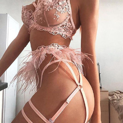 Ladies Sexy Underwear Lace Feather Lingerie 3Pc Set