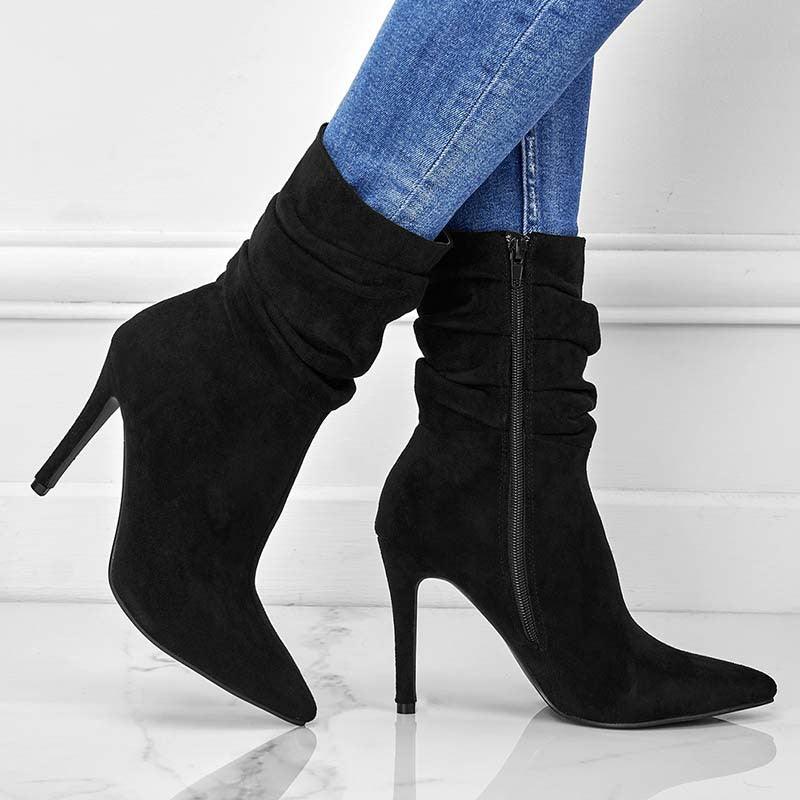 Ladies Pointed Toe Stiletto Heel Ankle Boots Side Zipper