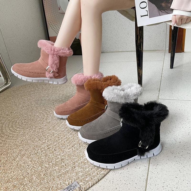 Ladies Warm Plush Ankle Snow Boots With Buckle Design