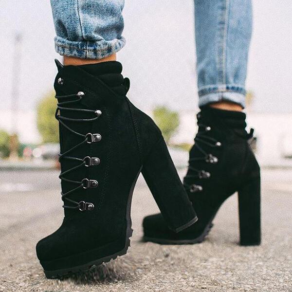 Ladies Chunky Round Toe Lace Up High Heel Mid Calf Boots