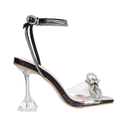 Ladies Transparent Rhinestone Bow Sandals Shoes-Stiletto High Heels