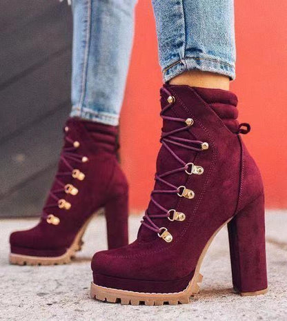 Ladies Chunky Round Toe Lace Up High Heel Mid Calf Boots