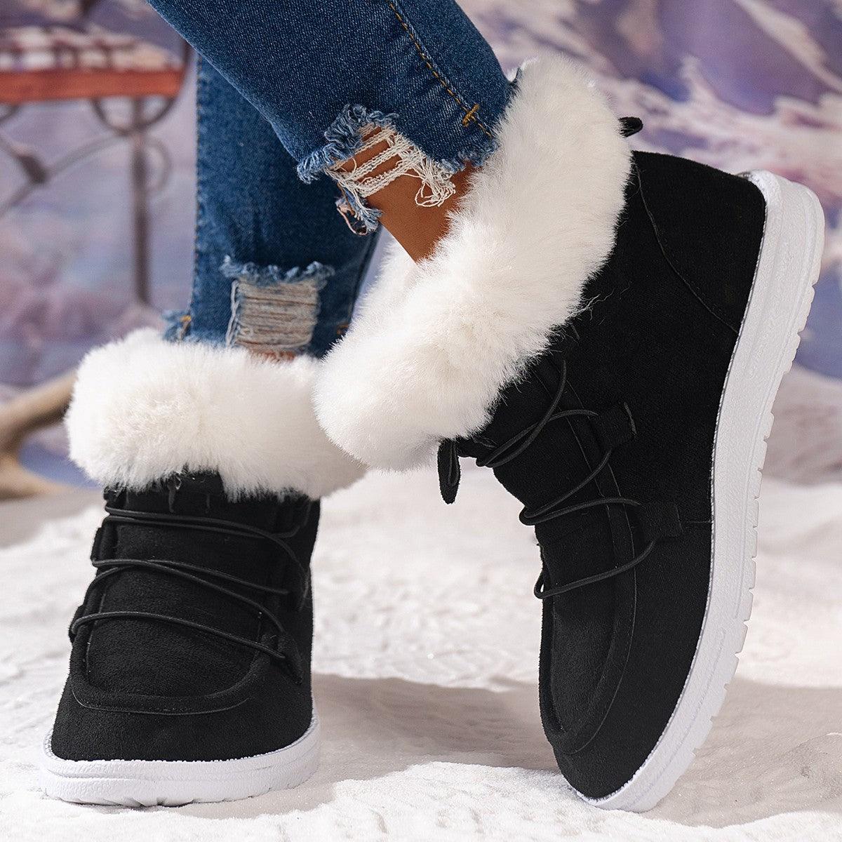 Ladies Fleece Furry Casual Flat Plush Warm Ankle Boots