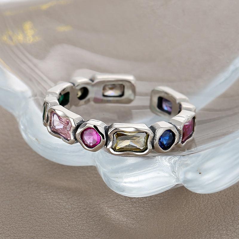 Sterling Silver Colour Gems Matching Geometric Ring