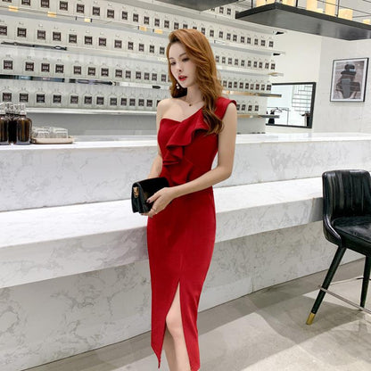 Ladies Slim Fit Slimming Oblique Shoulder Ruffles Formal Dress