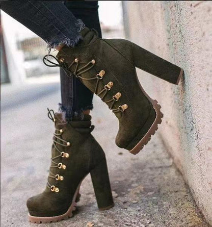 Ladies Chunky Round Toe Lace Up High Heel Mid Calf Boots