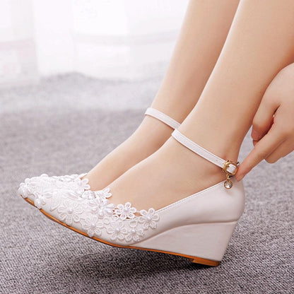 Bridal Wedge Shoe With White Round Toe Flower Detailed With Strap