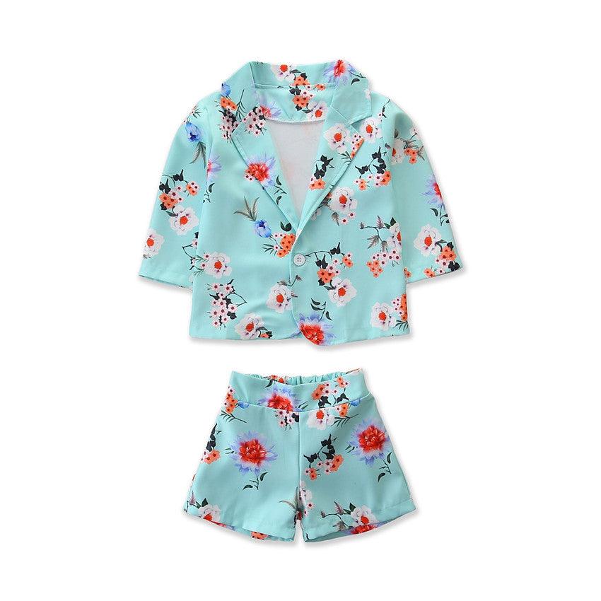 Girls Western Style Flower Suit Jacket & Shorts Outfit Sets