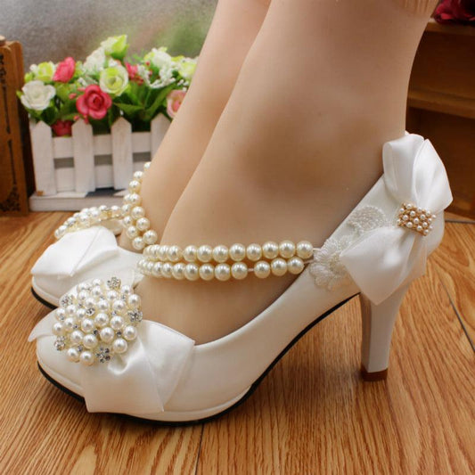 Bridal Shoes Beautiful Low Kitty Heel With Pearl Strap & Cute Bow Detail