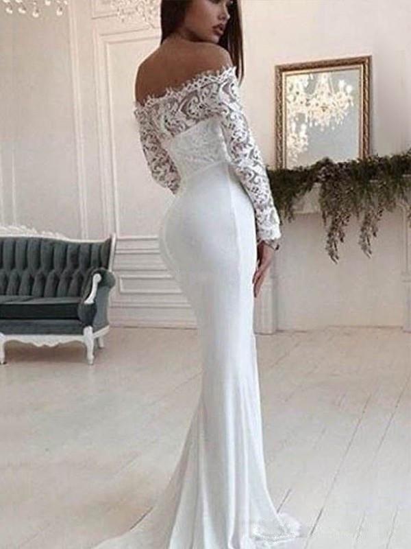 Stunning Backless A-line With Trail One Shoulder Lace Long Sleeve Mopping Wedding- Evening Dress