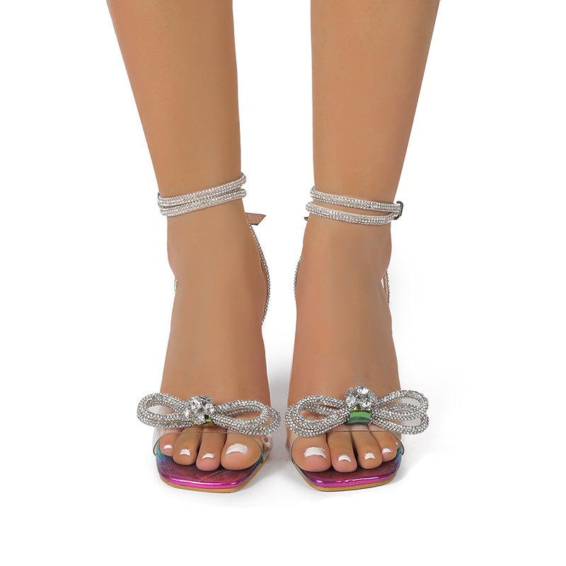 Ladies Transparent Rhinestone Bow Sandals Shoes-Stiletto High Heels