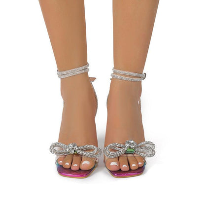 Ladies Transparent Rhinestone Bow Sandals Shoes-Stiletto High Heels