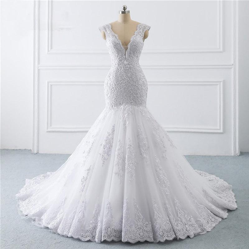 Gorgeous Detailed Body V-Neck Mermaid Style - Light French Retro Wedding Dress & Trailing Luxury Sen