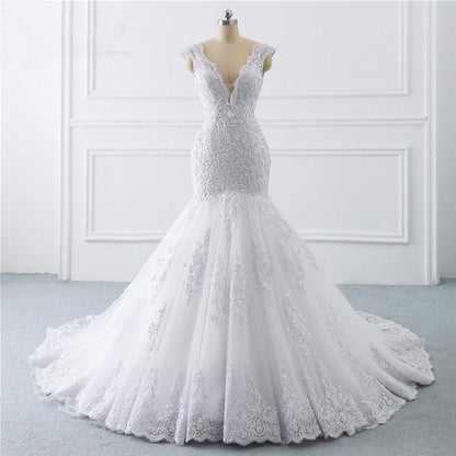 Gorgeous Detailed Body V-Neck Mermaid Style - Light French Retro Wedding Dress & Trailing Luxury Sen