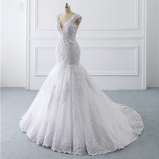 Gorgeous Detailed Body V-Neck Mermaid Style - Light French Retro Wedding Dress & Trailing Luxury Sen